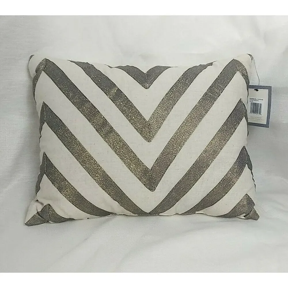 Ayesha Chevron Ribbon Pillow - Natural With Dark Silver Ribbons